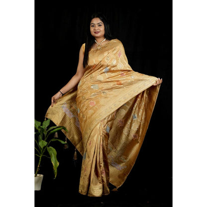 Isadora Life Womens Woven Tassels Gold Pre-Draped Saree With Unstitched Blouse