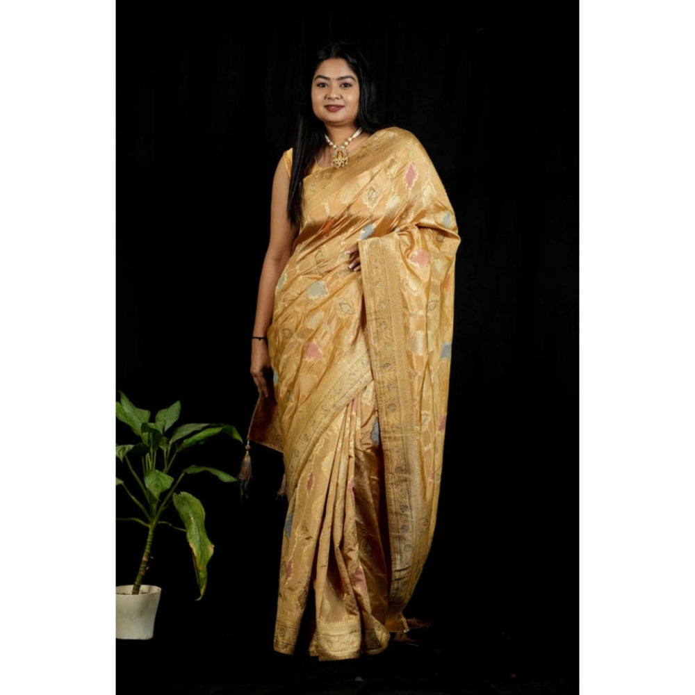 Isadora Life Womens Woven Tassels Gold Pre-Draped Saree With Unstitched Blouse