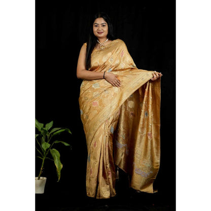 Isadora Life Womens Woven Tassels Gold Pre-Draped Saree With Unstitched Blouse