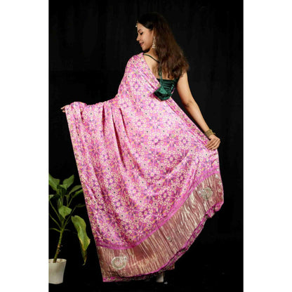 Isadora Life Womens Printed Embroidered Pink Pre-Draped Saree With Unstitched Blouse