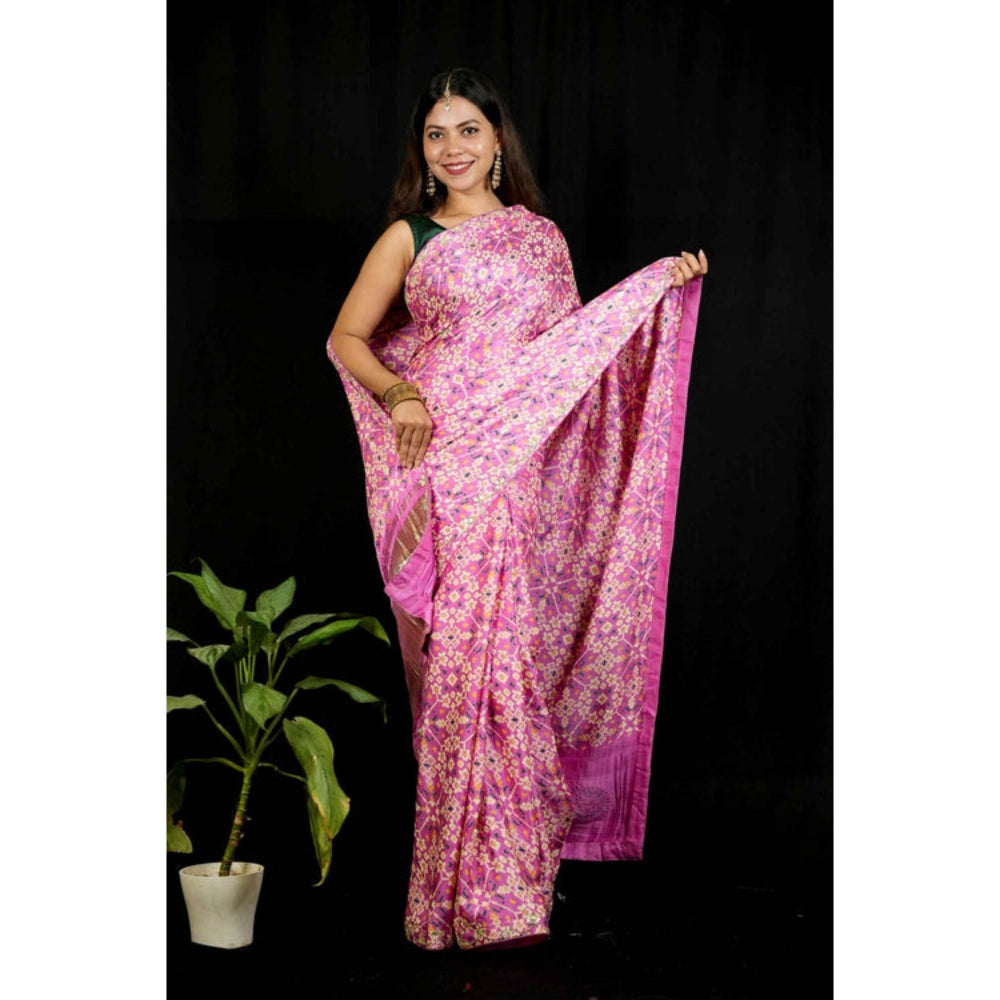 Isadora Life Womens Printed Embroidered Pink Pre-Draped Saree With Unstitched Blouse