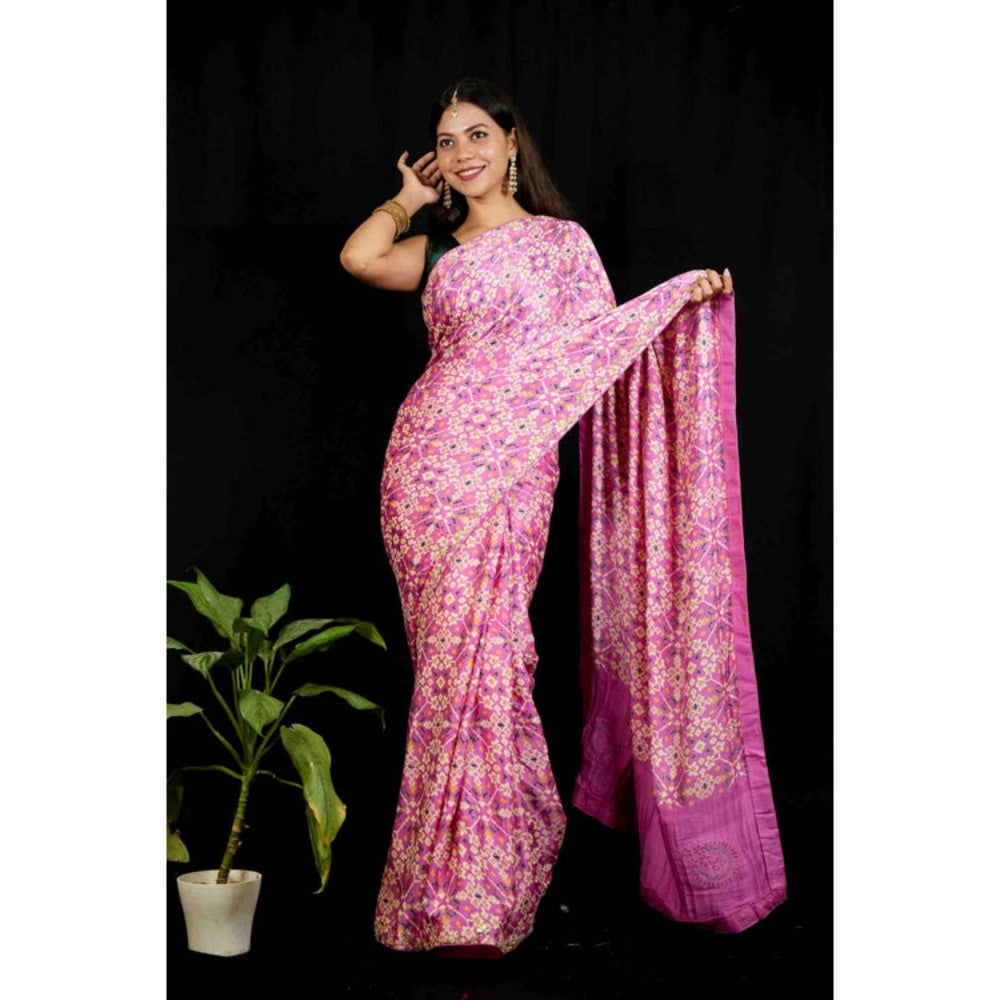 Isadora Life Womens Printed Embroidered Pink Pre-Draped Saree With Unstitched Blouse