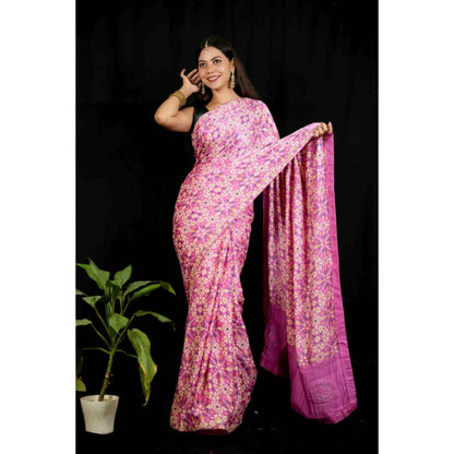 Isadora Life Womens Printed Embroidered Pink Pre-Draped Saree With Unstitched Blouse
