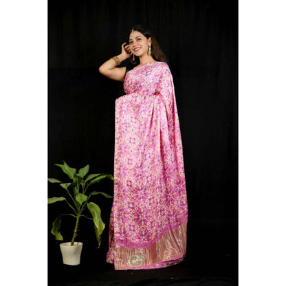 Isadora Life Womens Printed Embroidered Pink Pre-Draped Saree With Unstitched Blouse