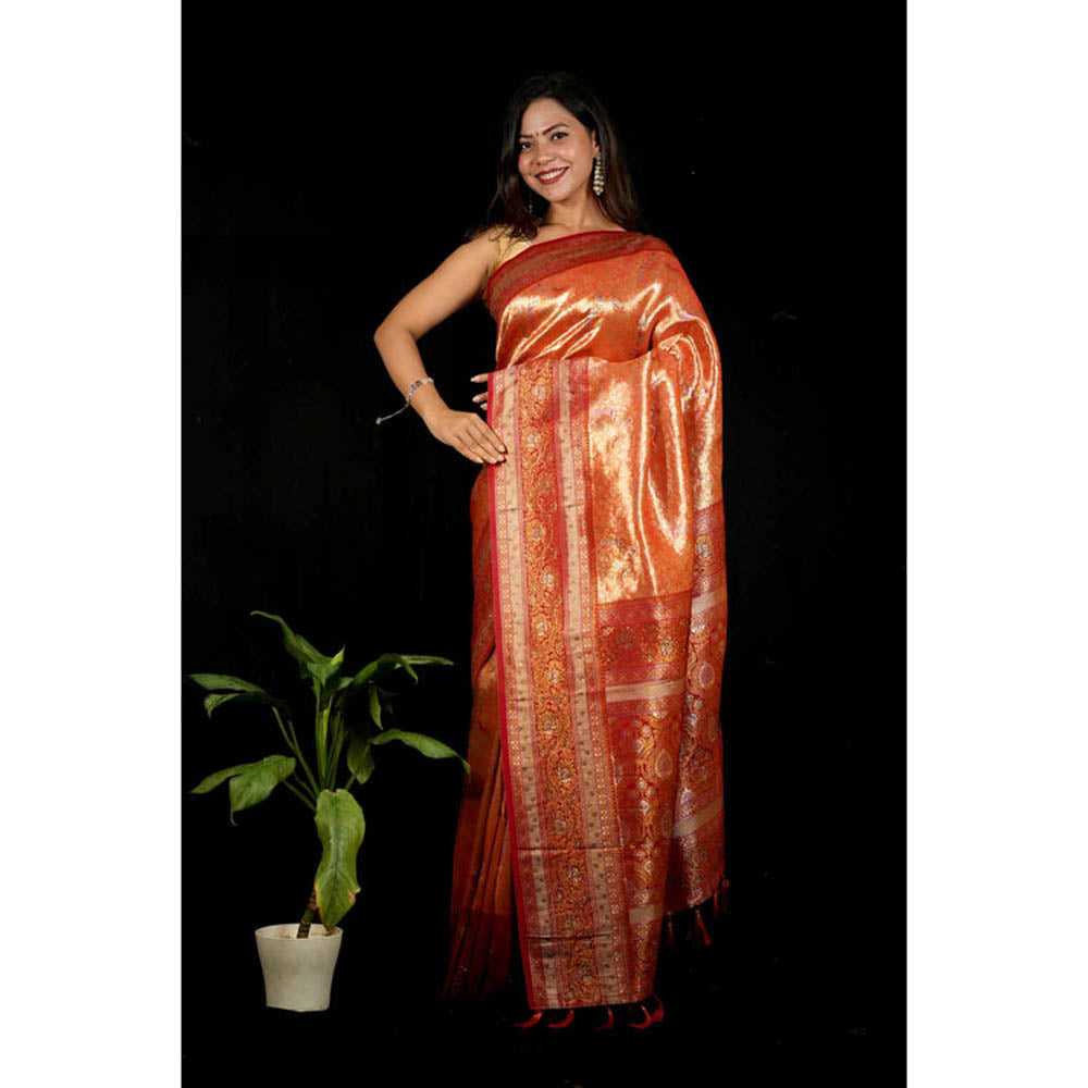 Isadora Life Womens Woven Zari Orange Pre-Draped Saree With Unstitched Blouse