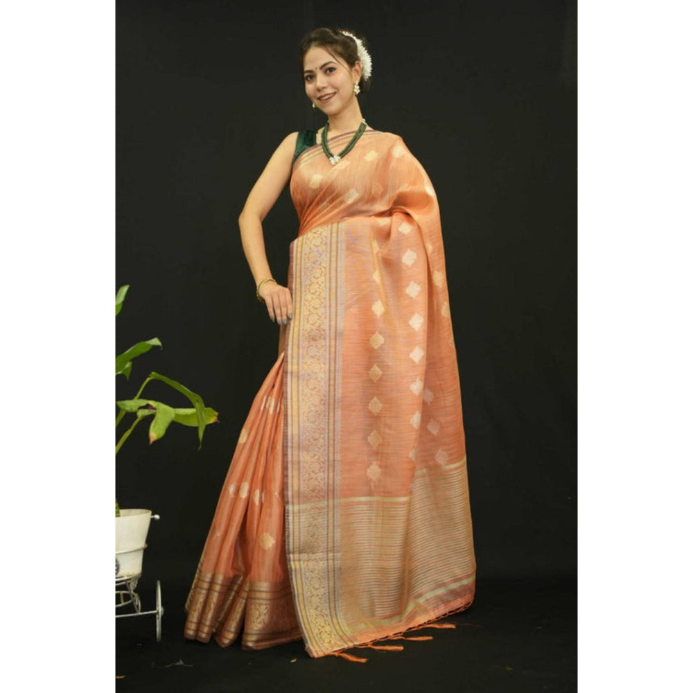 Isadora Life Womens Woven Zari Orange Pre-Draped Saree With Unstitched Blouse
