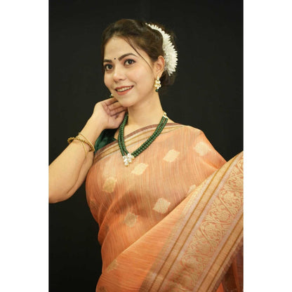 Isadora Life Womens Woven Zari Orange Pre-Draped Saree With Unstitched Blouse