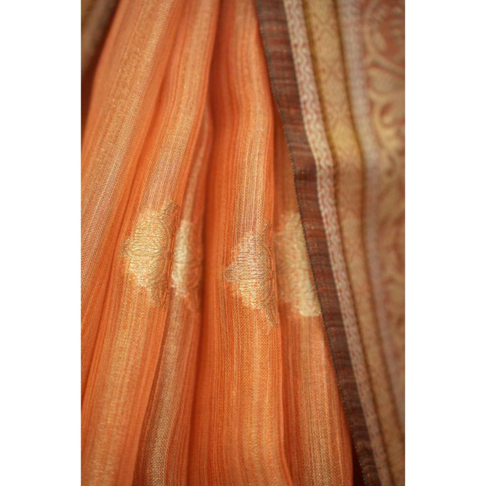 Isadora Life Womens Woven Zari Orange Pre-Draped Saree With Unstitched Blouse
