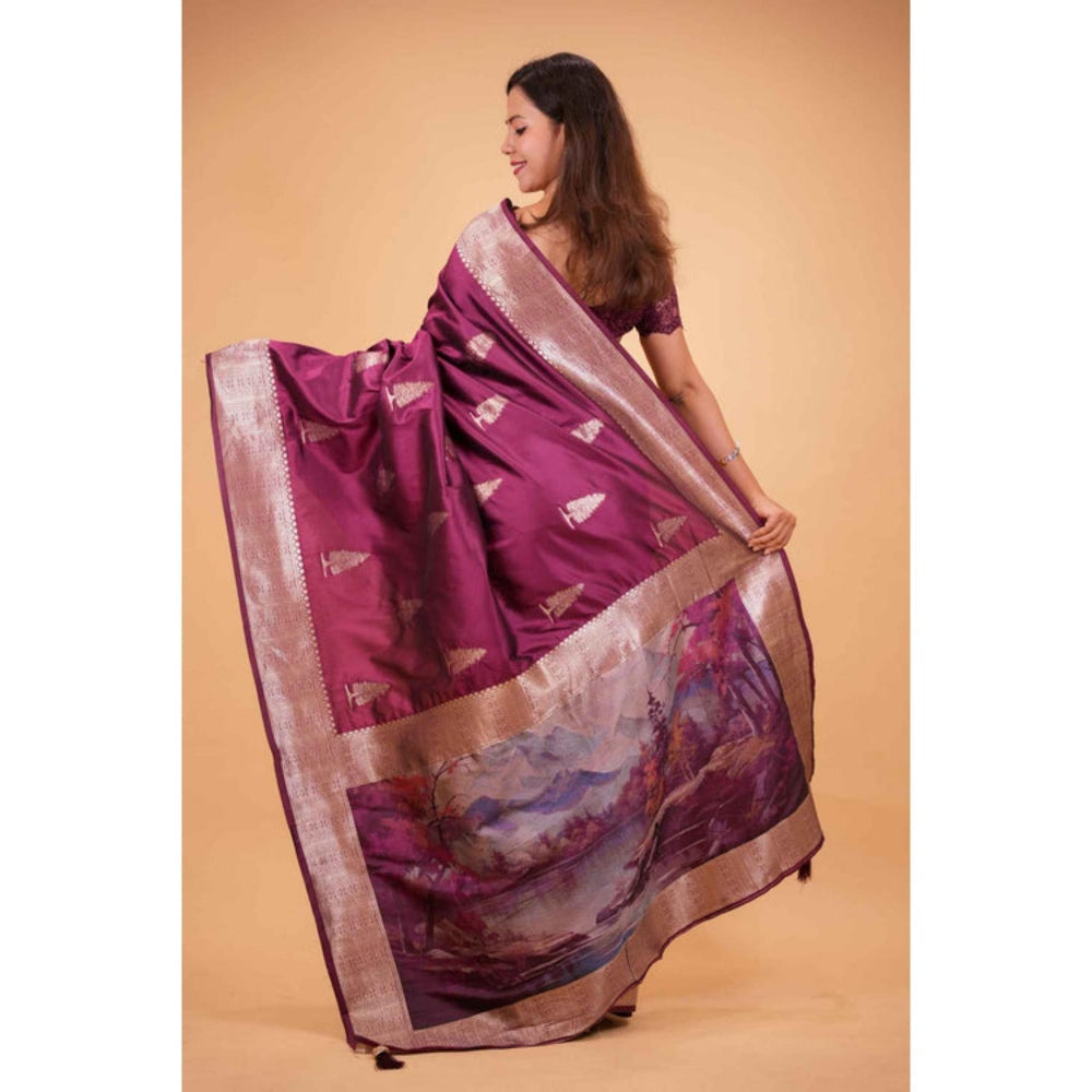 Isadora Life Womens Woven Zari Purple Pre-Draped Saree With Unstitched Blouse