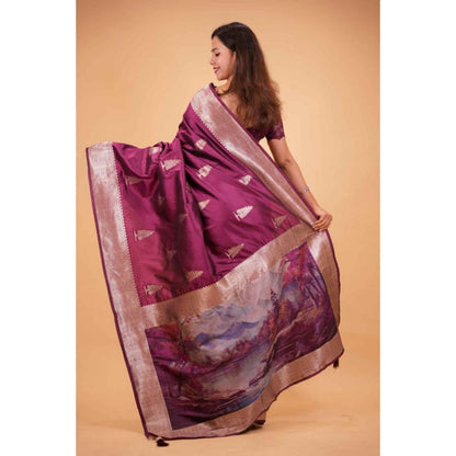 Isadora Life Womens Woven Zari Purple Pre-Draped Saree With Unstitched Blouse