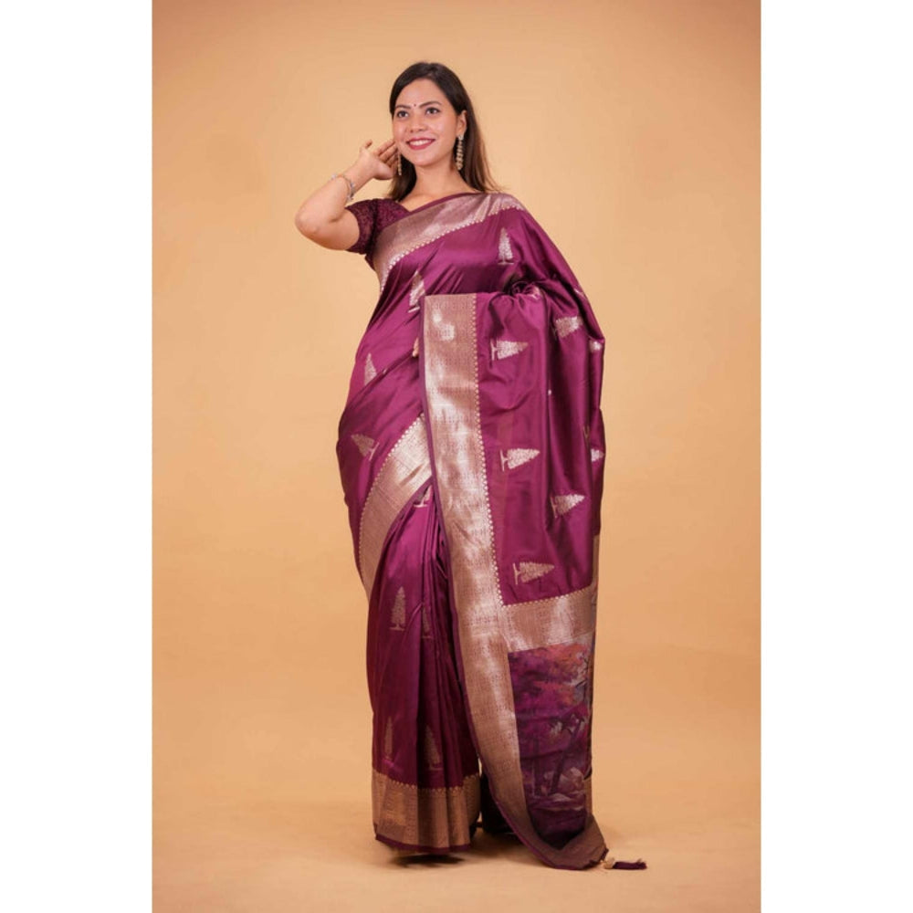 Isadora Life Womens Woven Zari Purple Pre-Draped Saree With Unstitched Blouse