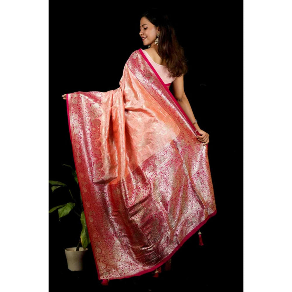 Isadora Life Womens Woven Tassels Coral Pre-Draped Saree With Unstitched Blouse