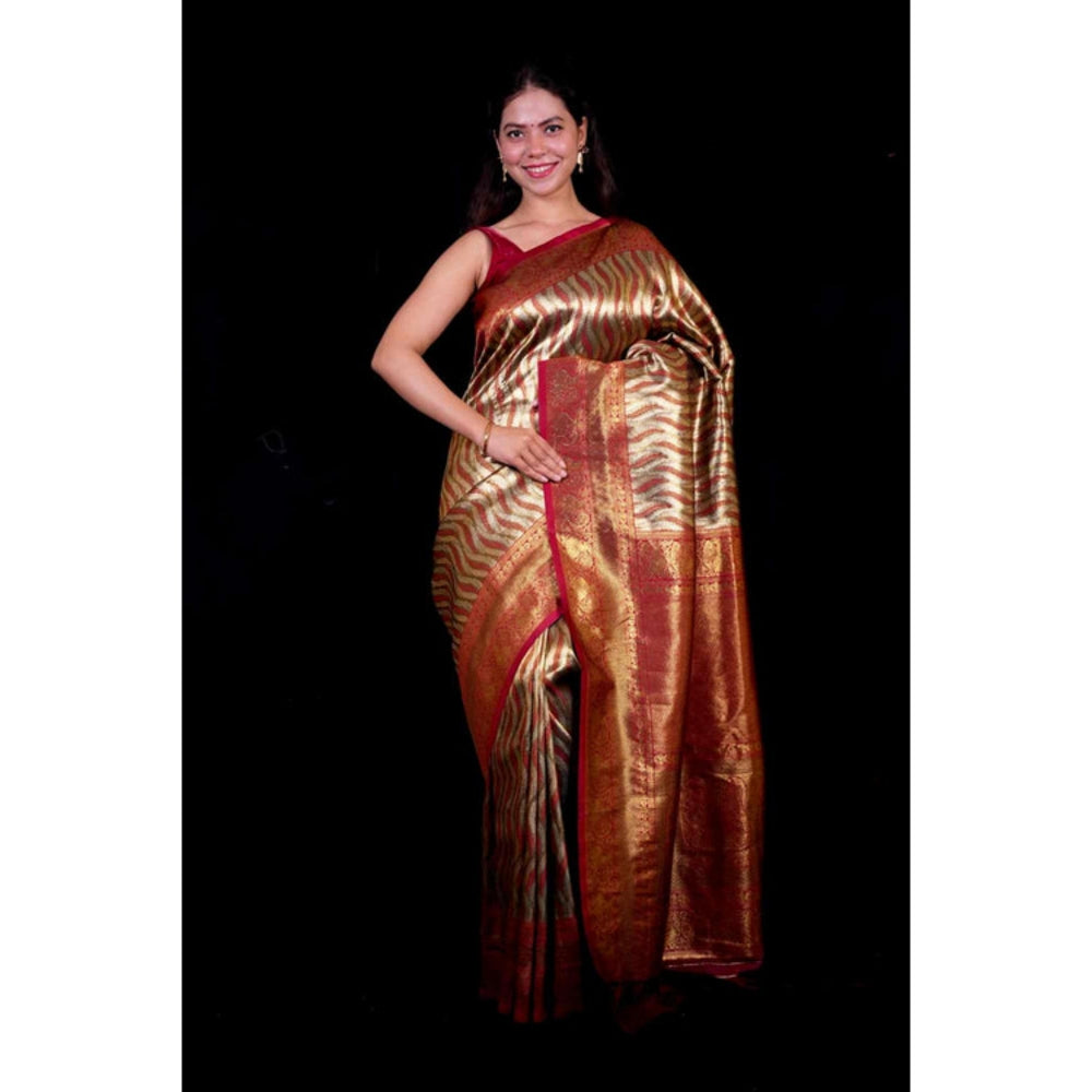Isadora Life Womens Woven Zari Multi-Color Pre-Draped Saree With Unstitched Blouse