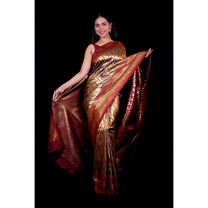 Isadora Life Womens Woven Zari Multi-Color Pre-Draped Saree With Unstitched Blouse