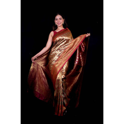 Isadora Life Womens Woven Zari Multi-Color Pre-Draped Saree With Unstitched Blouse