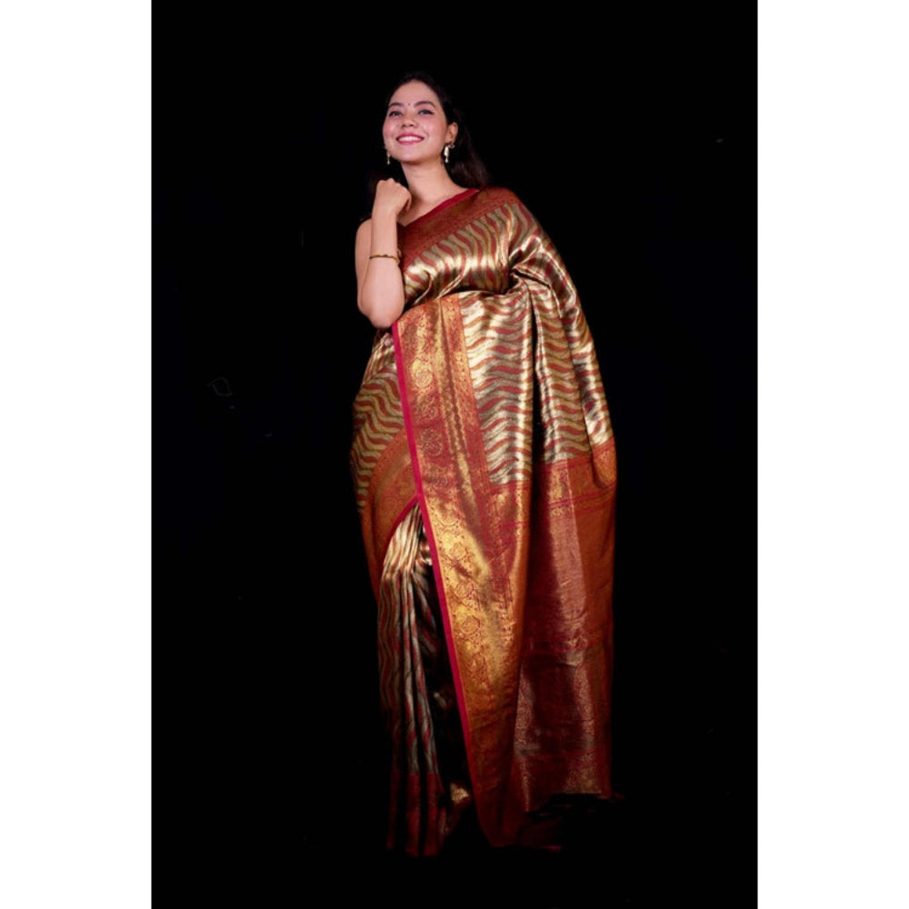 Isadora Life Womens Woven Zari Multi-Color Pre-Draped Saree With Unstitched Blouse
