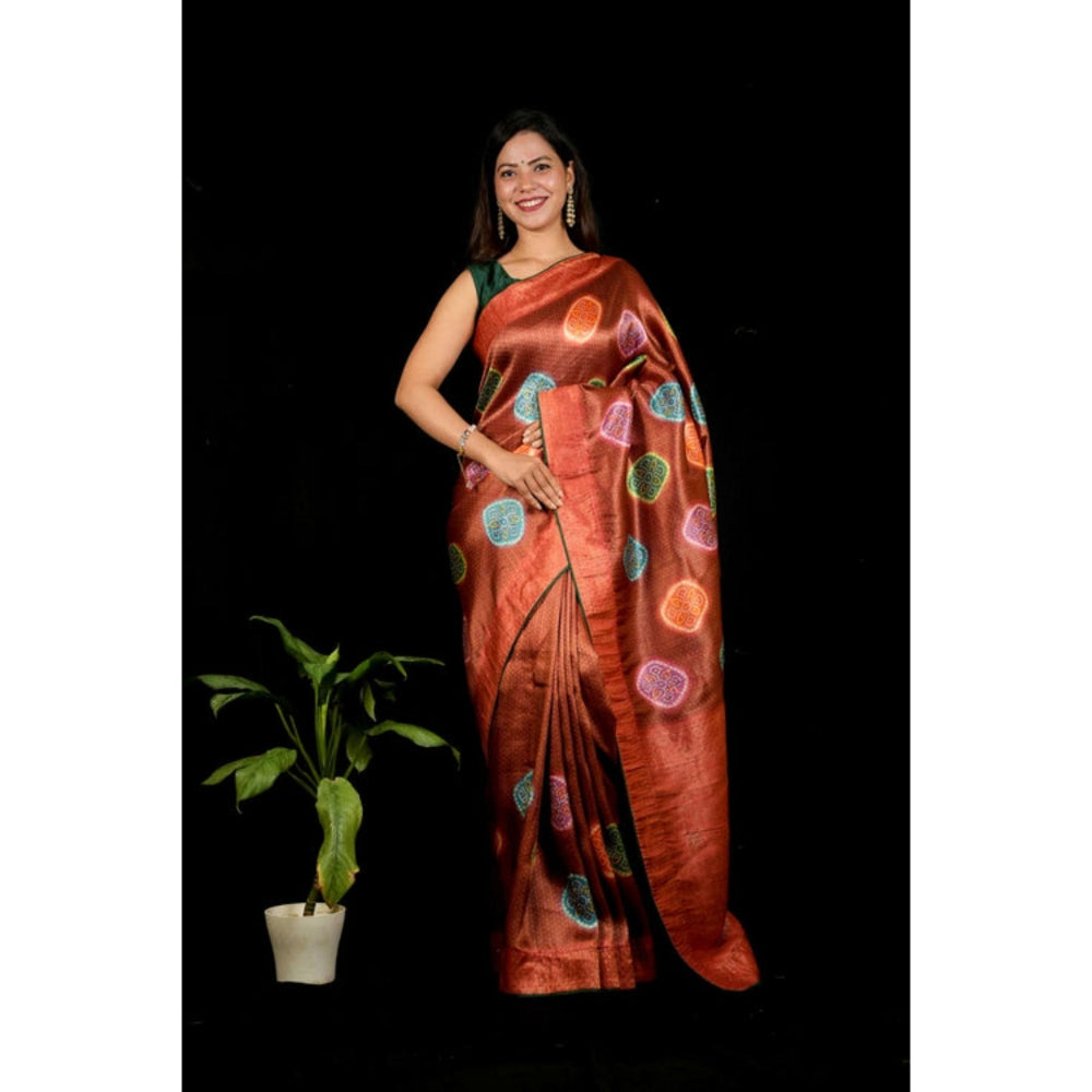 Isadora Life Womens Woven Zari Brown Pre-Draped Saree With Unstitched Blouse