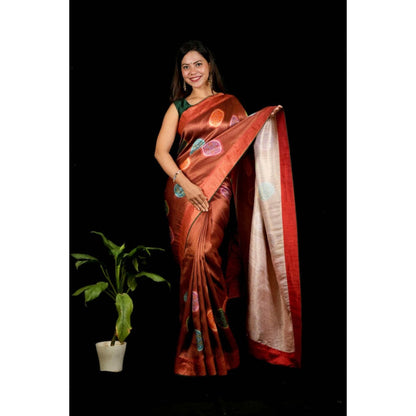 Isadora Life Womens Woven Zari Brown Pre-Draped Saree With Unstitched Blouse