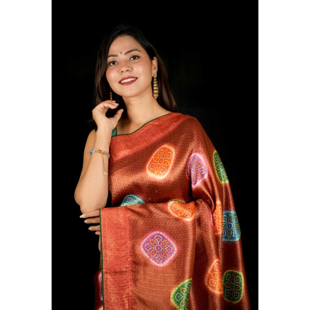 Isadora Life Womens Woven Zari Brown Pre-Draped Saree With Unstitched Blouse