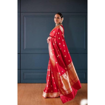 Isadora Life Womens Woven Zari Red Pre-Draped Saree With Unstitched Blouse