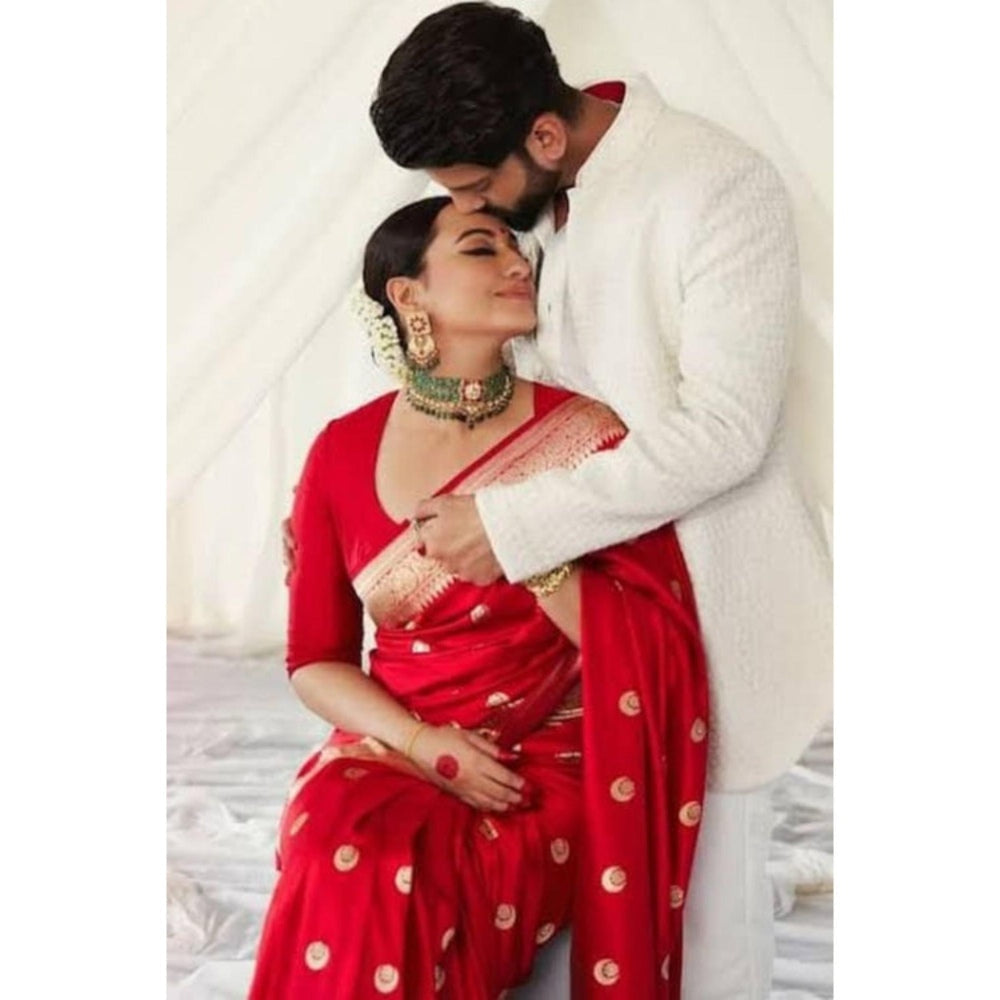 Isadora Life Womens Woven Zari Red Pre-Draped Saree With Unstitched Blouse