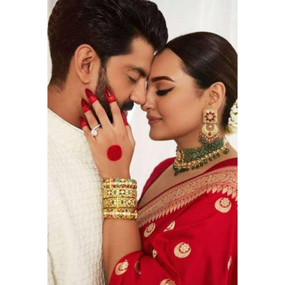 Isadora Life Womens Woven Zari Red Pre-Draped Saree With Unstitched Blouse