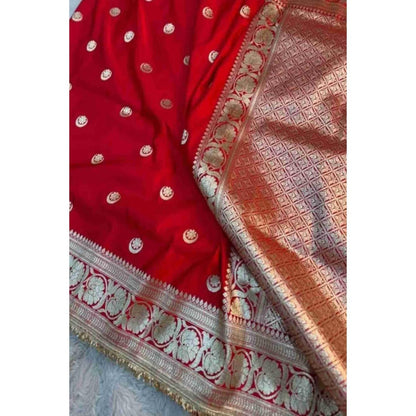 Isadora Life Womens Woven Zari Red Pre-Draped Saree With Unstitched Blouse