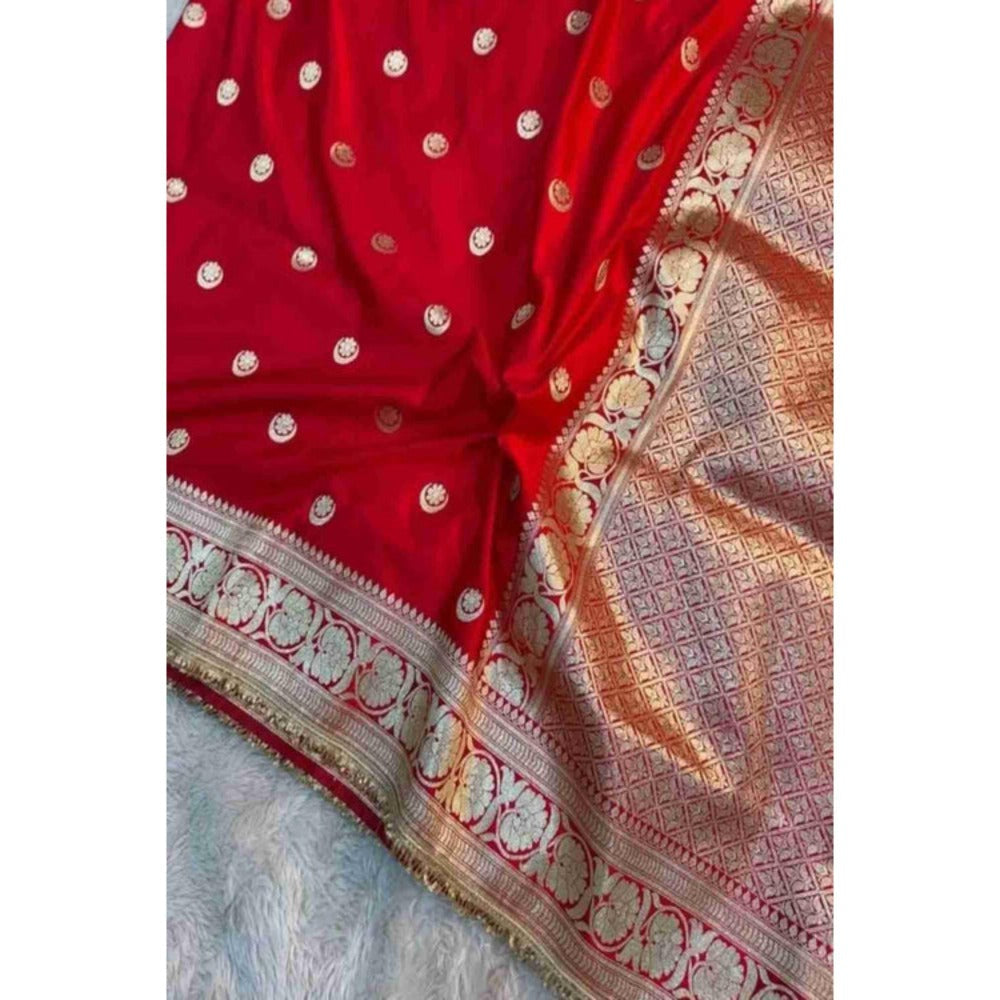 Isadora Life Womens Woven Zari Red Pre-Draped Saree With Unstitched Blouse