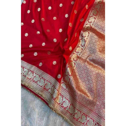 Isadora Life Womens Woven Zari Red Pre-Draped Saree With Unstitched Blouse