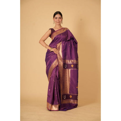 Isadora Life Womens Woven Zari Purple Pre-Draped Saree With Unstitched Blouse