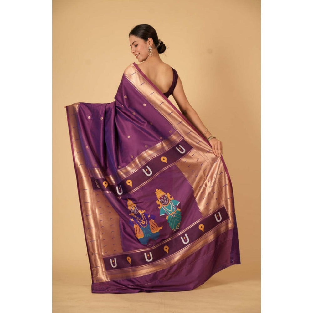 Isadora Life Womens Woven Zari Purple Pre-Draped Saree With Unstitched Blouse