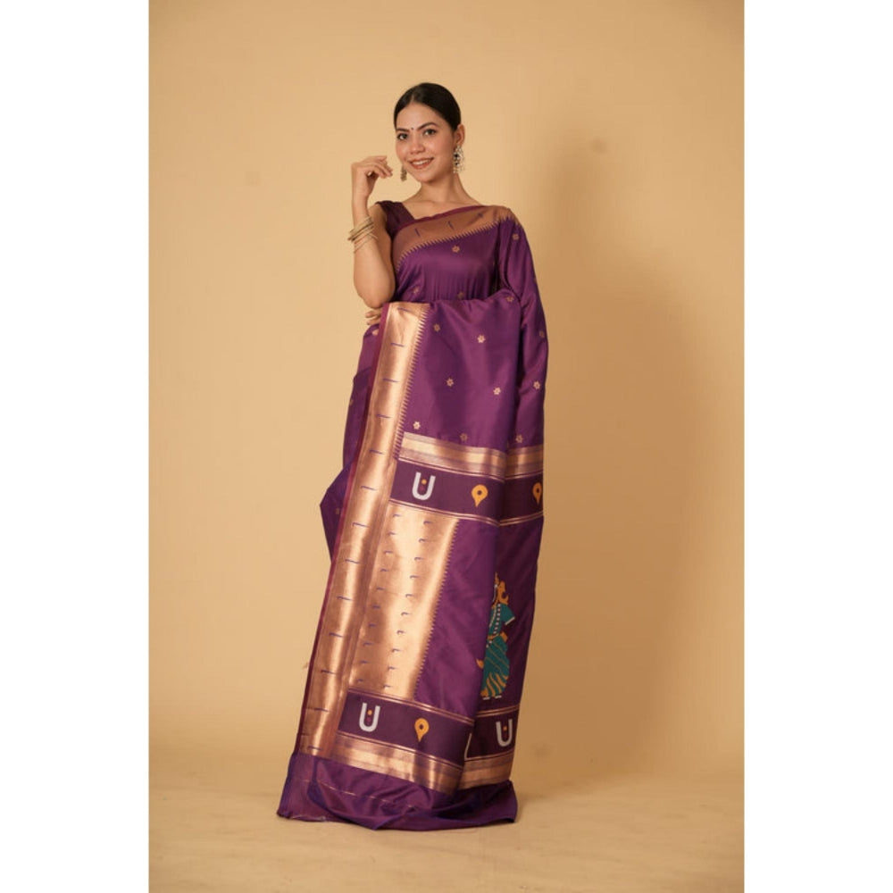 Isadora Life Womens Woven Zari Purple Pre-Draped Saree With Unstitched Blouse
