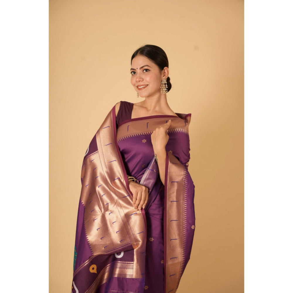 Isadora Life Womens Woven Zari Purple Pre-Draped Saree With Unstitched Blouse