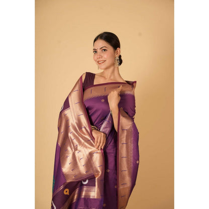 Isadora Life Womens Woven Zari Purple Pre-Draped Saree With Unstitched Blouse