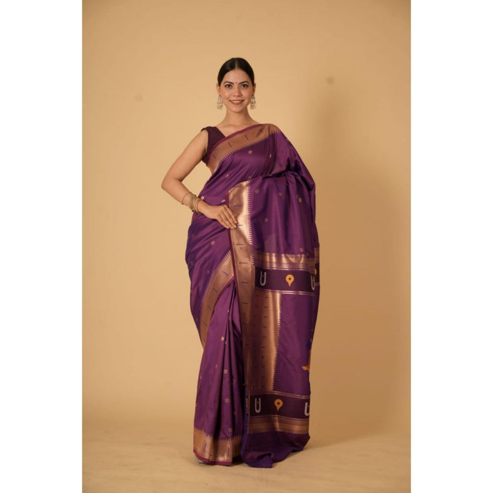 Isadora Life Womens Woven Zari Purple Pre-Draped Saree With Unstitched Blouse
