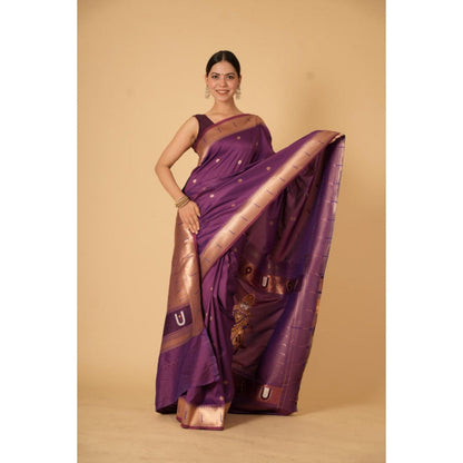 Isadora Life Womens Woven Zari Purple Pre-Draped Saree With Unstitched Blouse