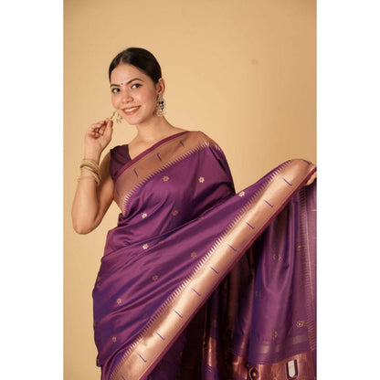 Isadora Life Womens Woven Zari Purple Pre-Draped Saree With Unstitched Blouse