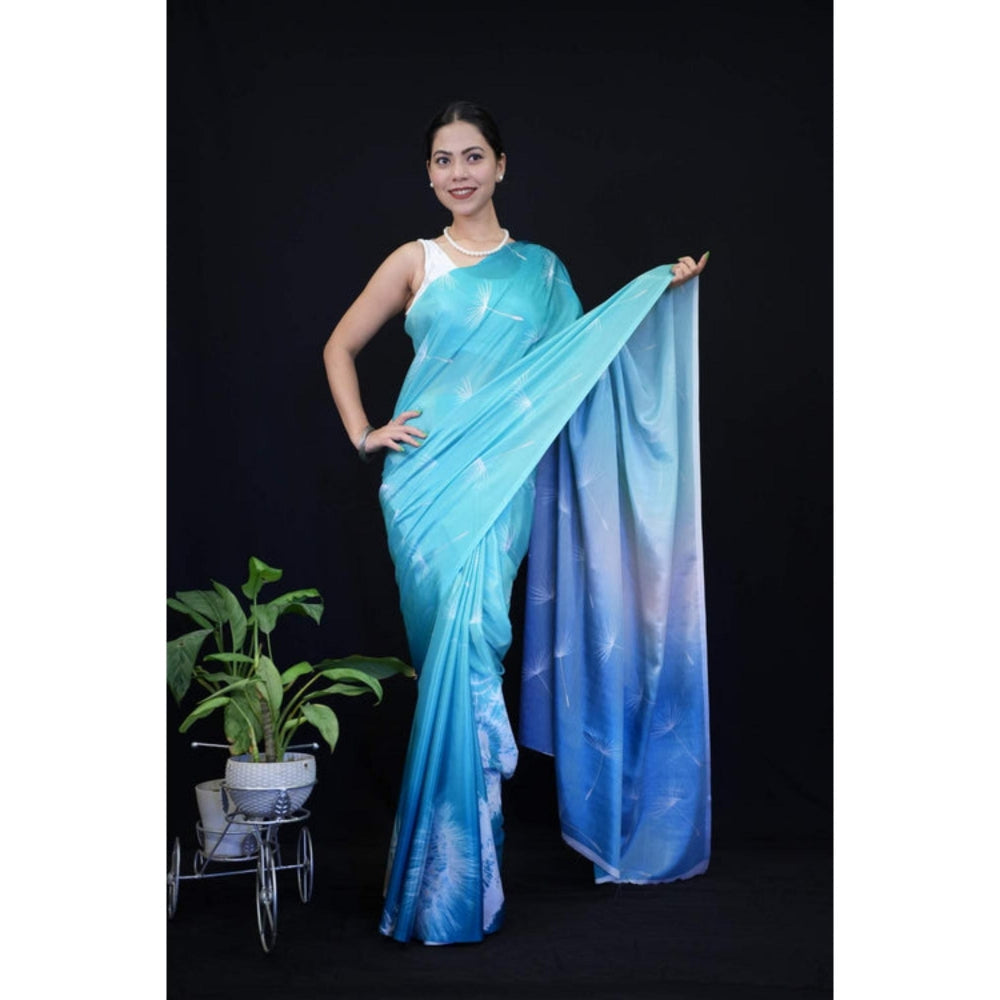Isadora Life Womens Printed Blue Pre-Draped Saree With Unstitched Blouse