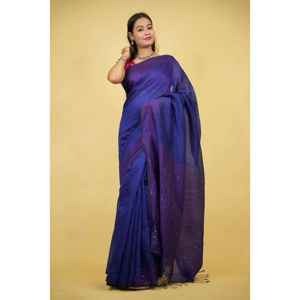Isadora Life Womens Sequined Thread Work Blue Pre-Draped Saree With Unstitched Blouse
