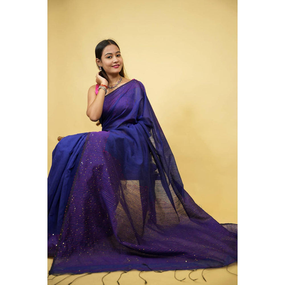 Isadora Life Womens Sequined Thread Work Blue Pre-Draped Saree With Unstitched Blouse