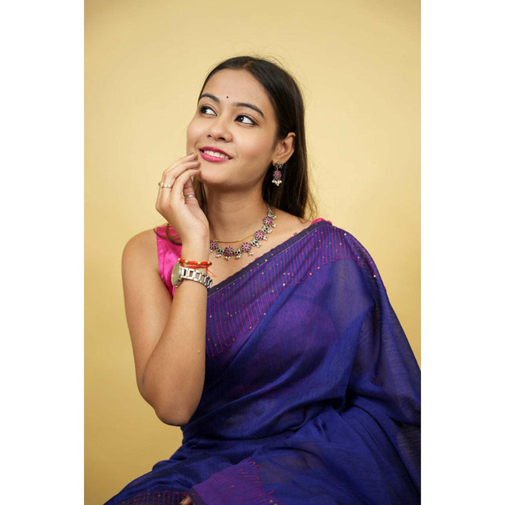 Isadora Life Womens Sequined Thread Work Blue Pre-Draped Saree With Unstitched Blouse