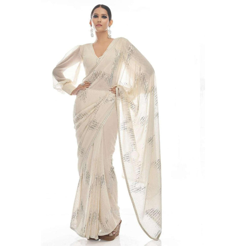 Isadora Life Womens Sequined White Pre-Draped Saree With Unstitched Blouse