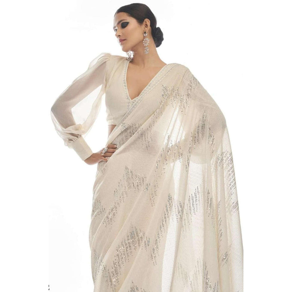 Isadora Life Womens Sequined White Pre-Draped Saree With Unstitched Blouse