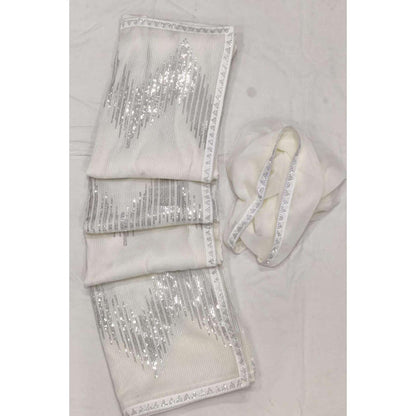 Isadora Life Womens Sequined White Pre-Draped Saree With Unstitched Blouse