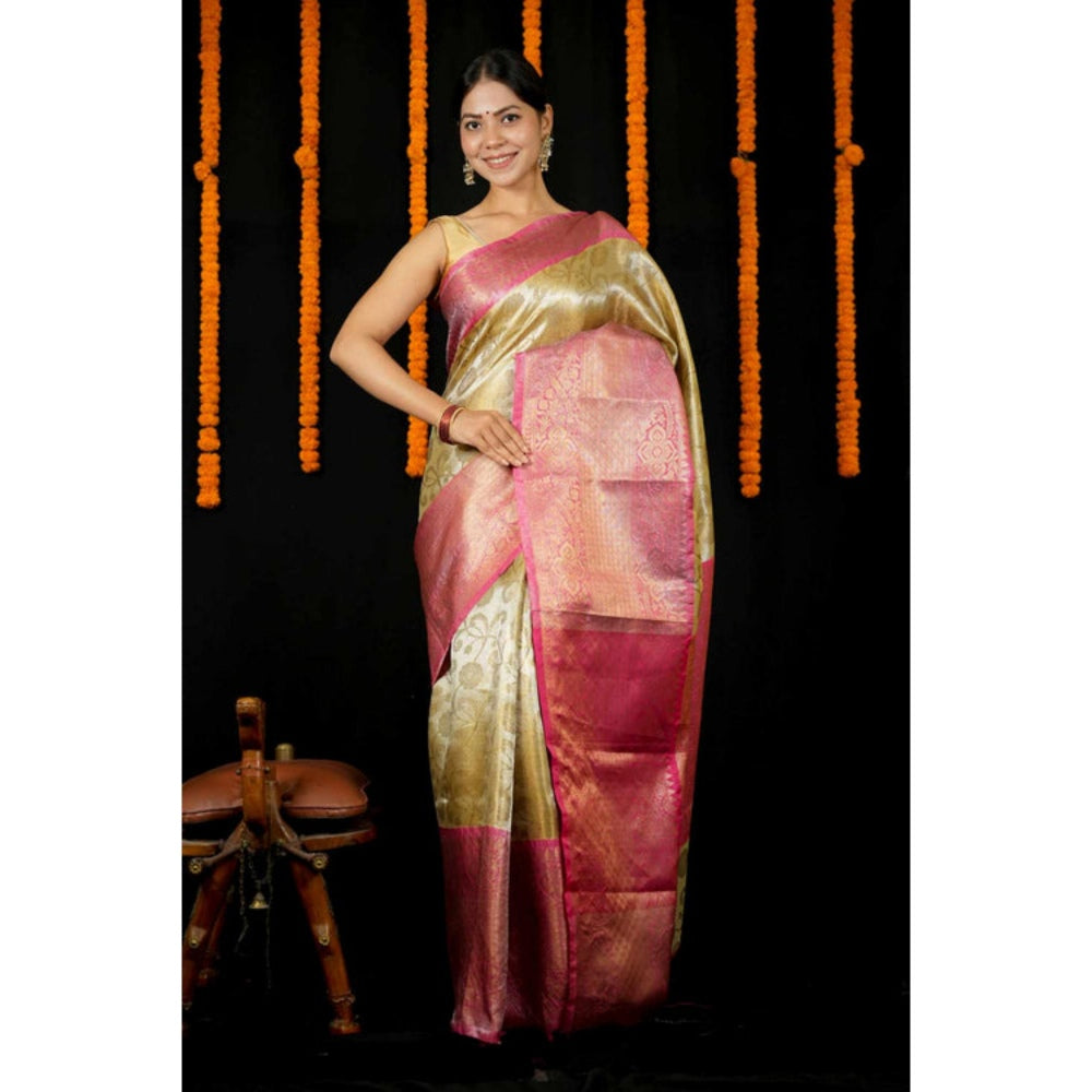 Isadora Life Womens Woven Zari Yellow Pre-Draped Saree With Unstitched Blouse