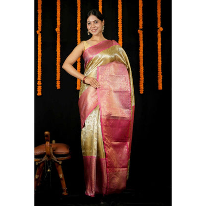 Isadora Life Womens Woven Zari Yellow Pre-Draped Saree With Unstitched Blouse