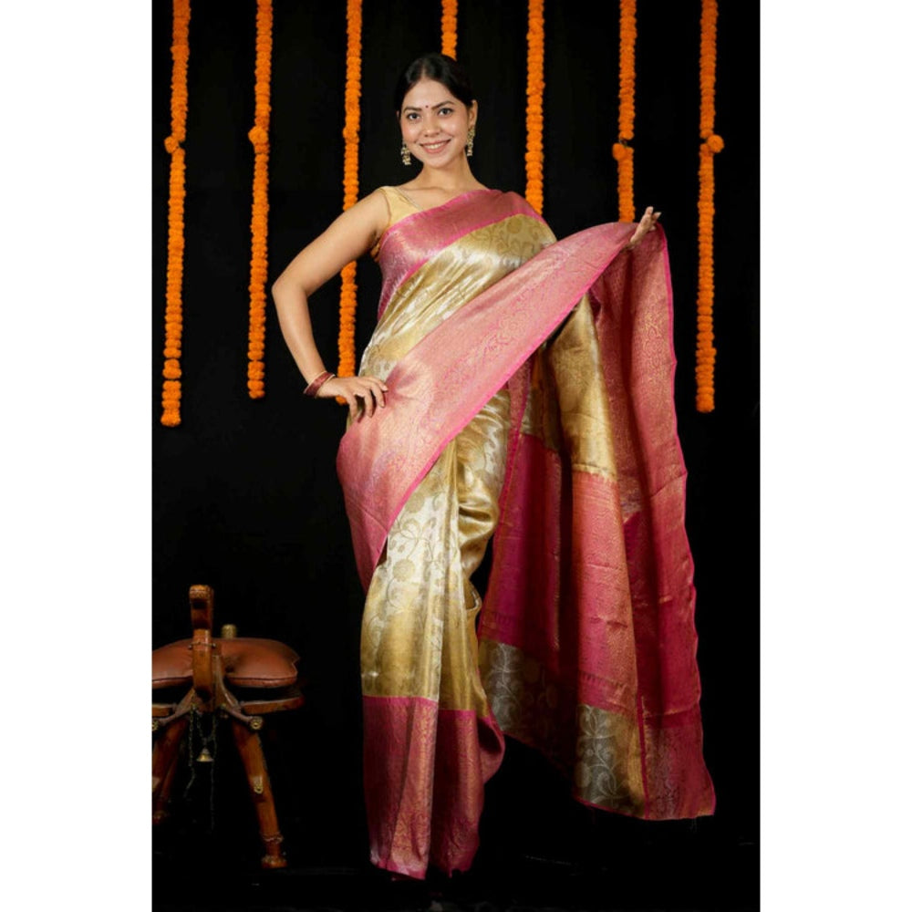 Isadora Life Womens Woven Zari Yellow Pre-Draped Saree With Unstitched Blouse