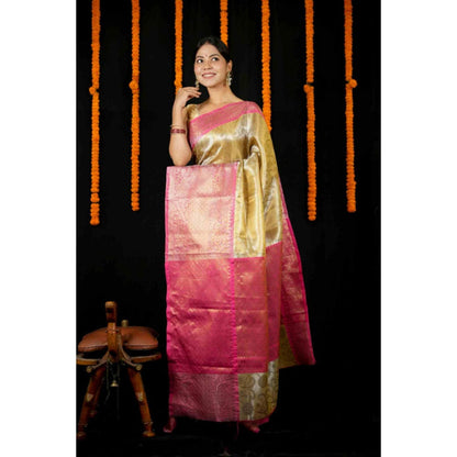 Isadora Life Womens Woven Zari Yellow Pre-Draped Saree With Unstitched Blouse