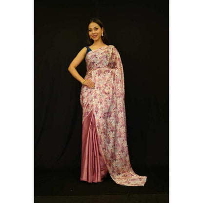 Isadora Life Womens Floral Printed Pink Pre-Draped Saree With Unstitched Blouse