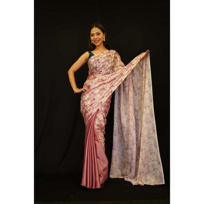 Isadora Life Womens Floral Printed Pink Pre-Draped Saree With Unstitched Blouse